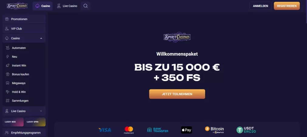 Spirit Casino – Bis zu 15.000 € Bonus und 350 Freispiele beim Anmelden
